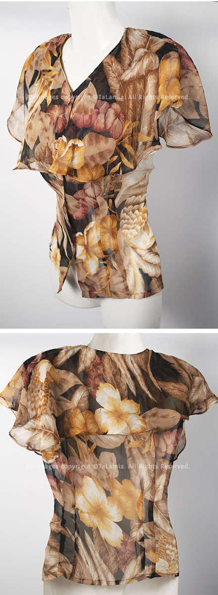 Ladies elegant autumn botanics print chiffon blouse with extra frill layer