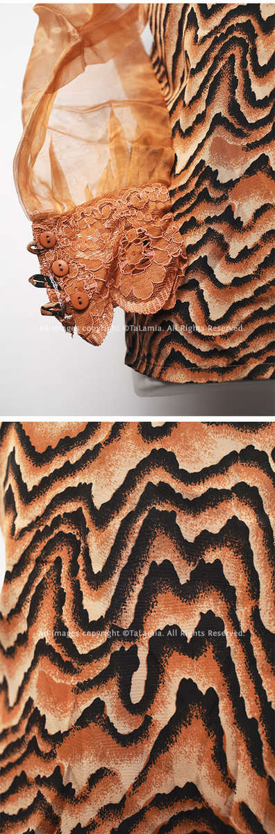 Ladies black and caramel brown silk feel blouse with mesh bellow balloon sleeves