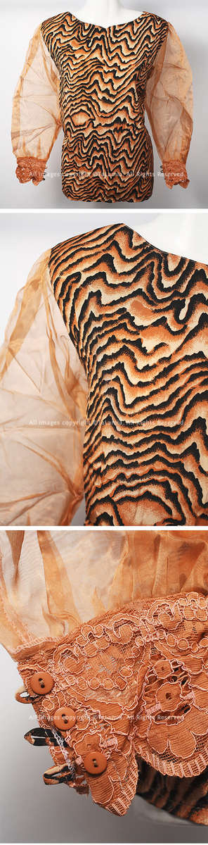 Ladies black and caramel brown silk feel blouse with mesh bellow balloon sleeves