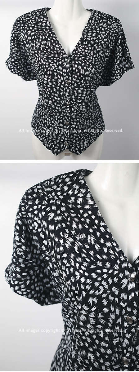 Womens black cotton blouse with grey silver patterning