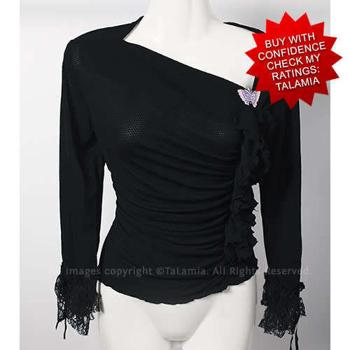 Ladies black high stretch asymmetric top with frills and lace cuffs