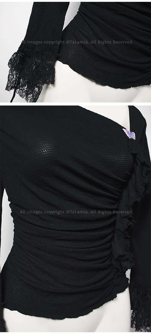 Ladies black high stretch asymmetric top with frills and lace cuffs