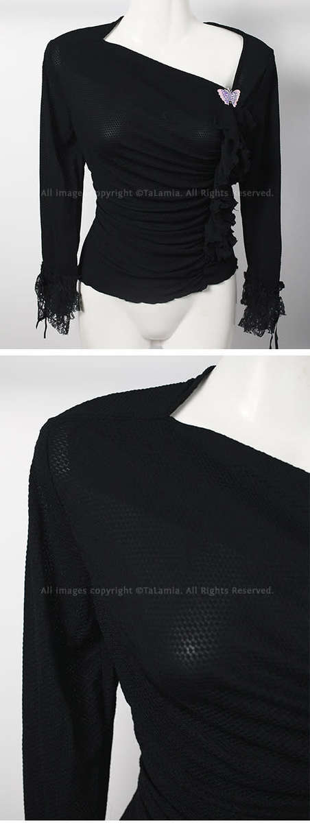 Ladies black high stretch asymmetric top with frills and lace cuffs