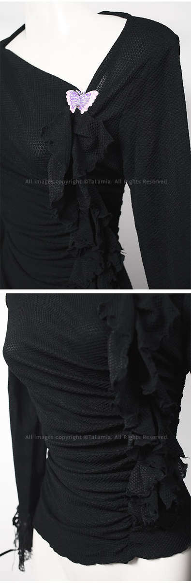 Ladies black high stretch asymmetric top with frills and lace cuffs