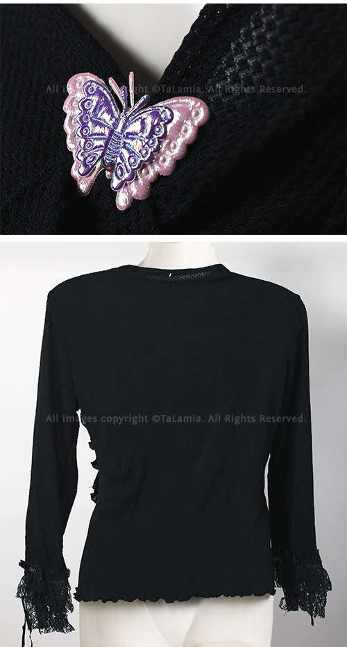 Ladies black high stretch asymmetric top with frills and lace cuffs