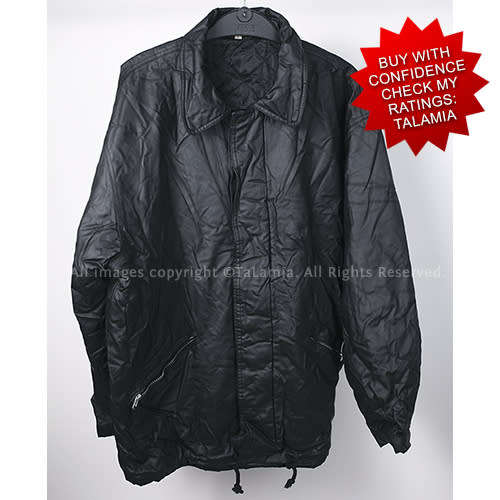 Mens large black faux leather rubber zip up jacket