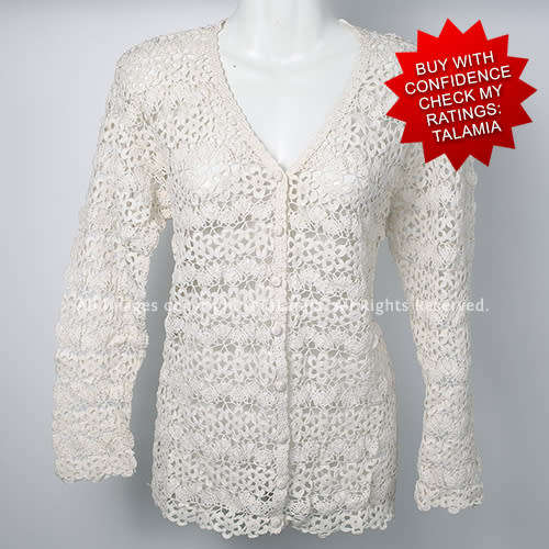 Womens cream white fine crochet knit button up cardigan jersey