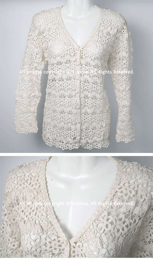 Womens cream white fine crochet knit button up cardigan jersey