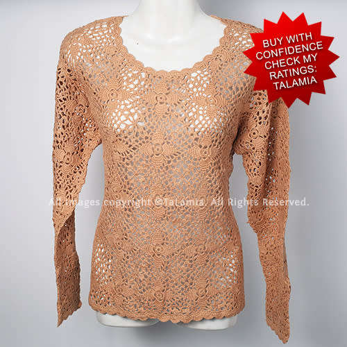 Womens tan brown crochet knit pull over jersey