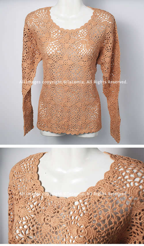 Womens tan brown crochet knit pull over jersey