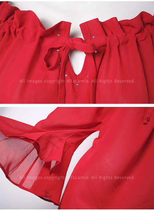 Womens sexy red wide neckline open shoulder adjustable chiffon blouse