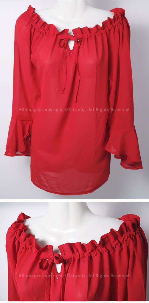 Womens sexy red wide neckline open shoulder adjustable chiffon blouse