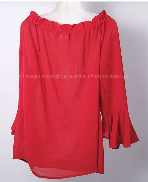 Womens sexy red wide neckline open shoulder adjustable chiffon blouse