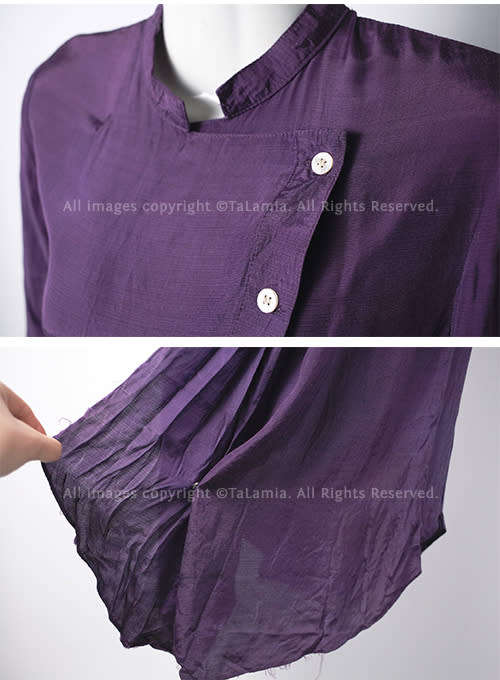 Ladies purple silky shiny dress with asymmetric button up