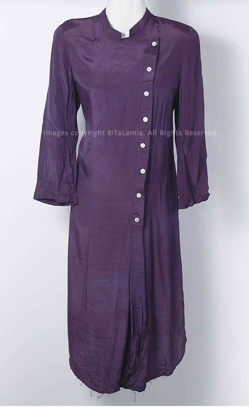 Ladies purple silky shiny dress with asymmetric button up