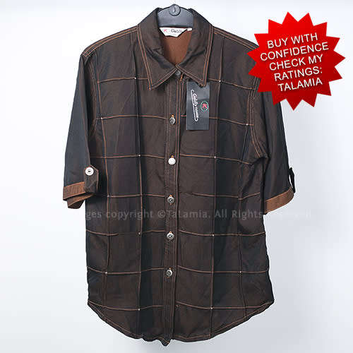 Dark brown unisex button up shirt with grid design and slight copper sheen