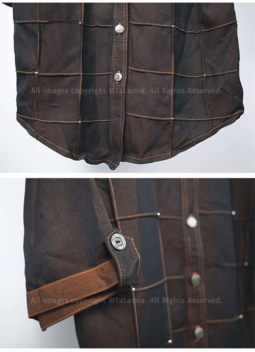 Dark brown unisex button up shirt with grid design and slight copper sheen