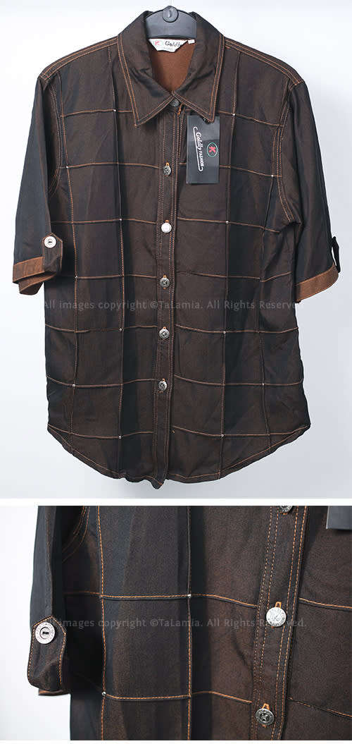 Dark brown unisex button up shirt with grid design and slight copper sheen