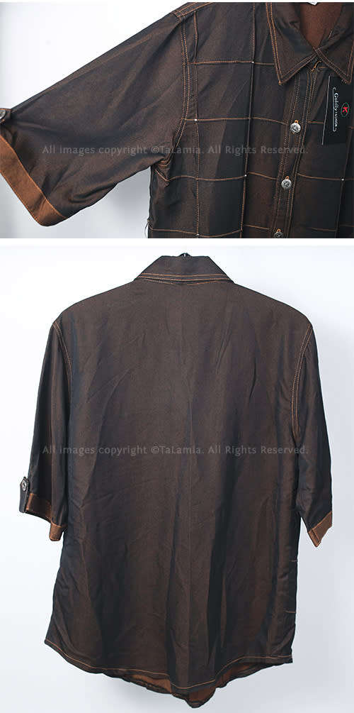 Dark brown unisex button up shirt with grid design and slight copper sheen