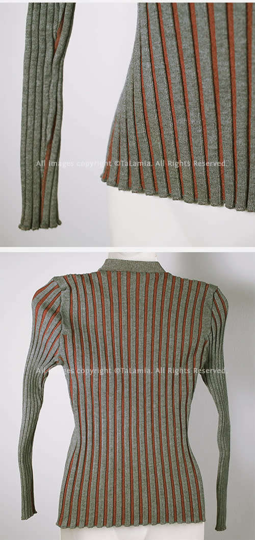 Ladies v-neck vertical stripes khaki green and rust brown sweater jersey top