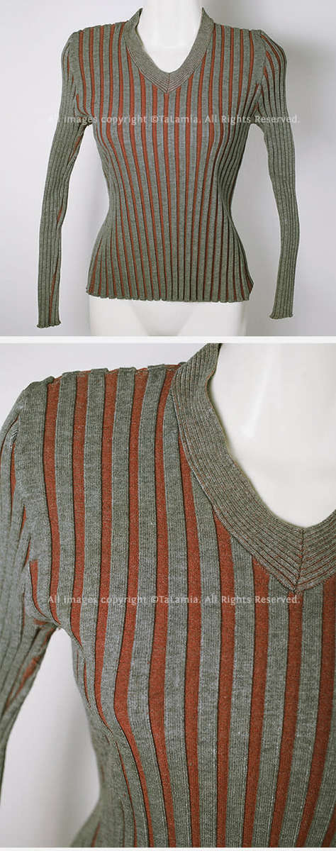Ladies v-neck vertical stripes khaki green and rust brown sweater jersey top