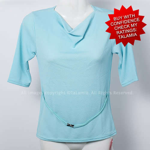 Ladies baby blue cowl neckline stretch top with attached cord belt