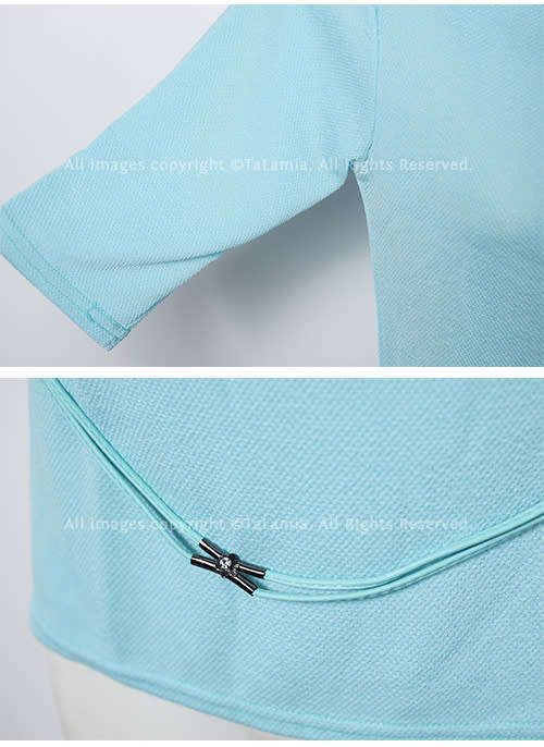Ladies baby blue cowl neckline stretch top with attached cord belt