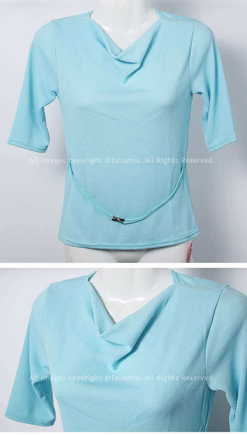 Ladies baby blue cowl neckline stretch top with attached cord belt