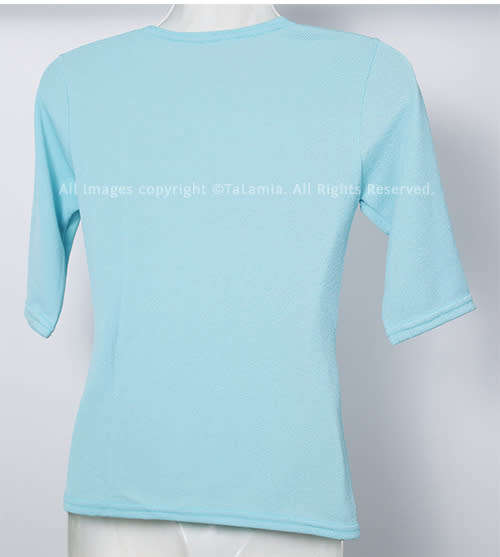 Ladies baby blue cowl neckline stretch top with attached cord belt