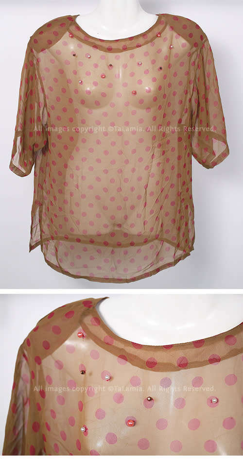 Womens brown quality chiffon blouse with dark red dots