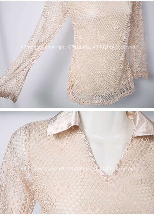 Ladies champagne colour slong sleeve netting top with satin collar