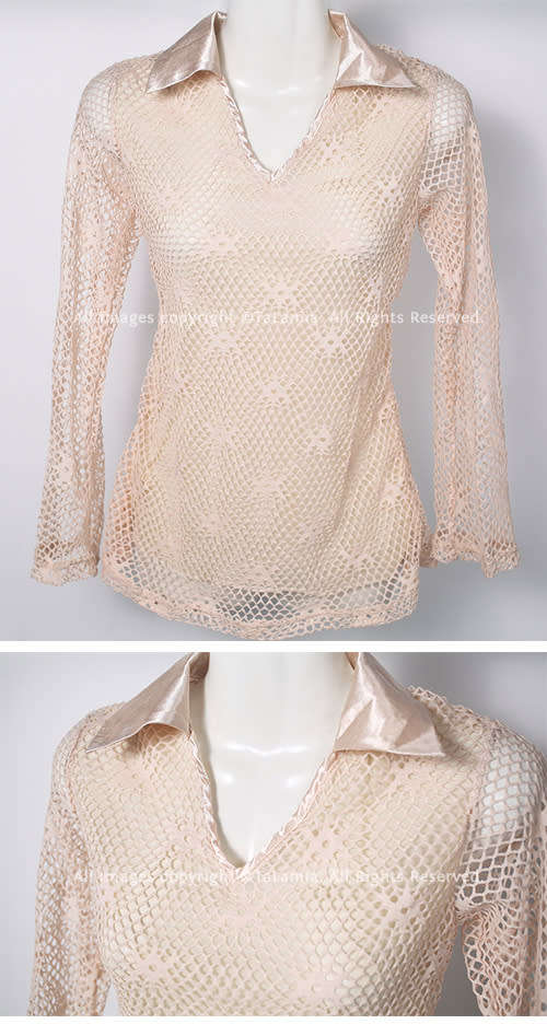 Ladies champagne colour slong sleeve netting top with satin collar