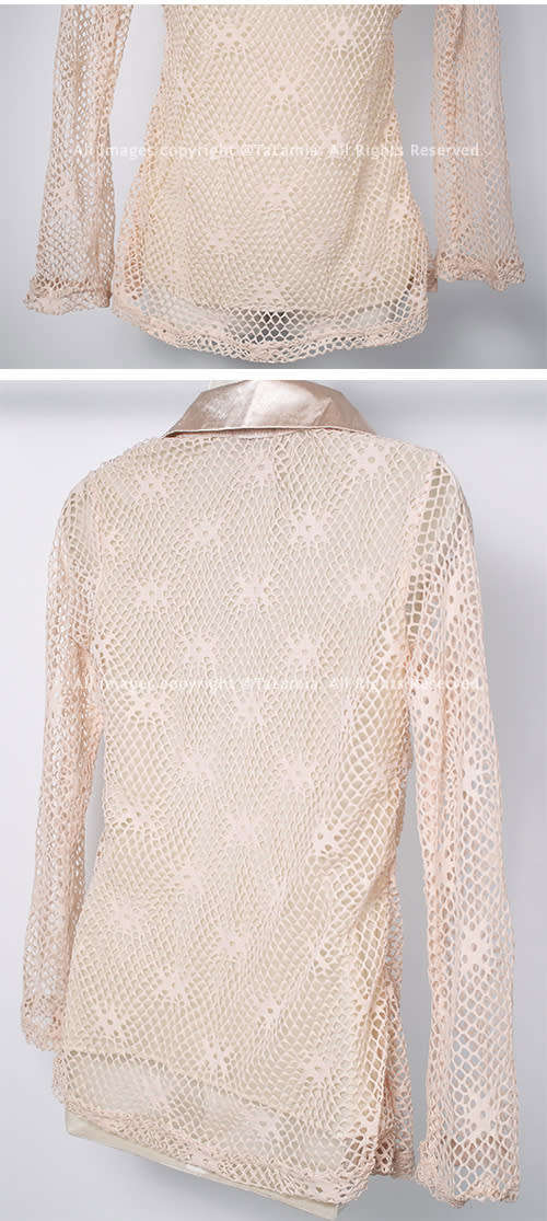 Ladies champagne colour slong sleeve netting top with satin collar