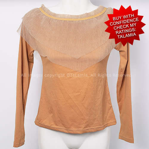 Unique ladies tan brown stretch top with chiffon mesh shoulder accent