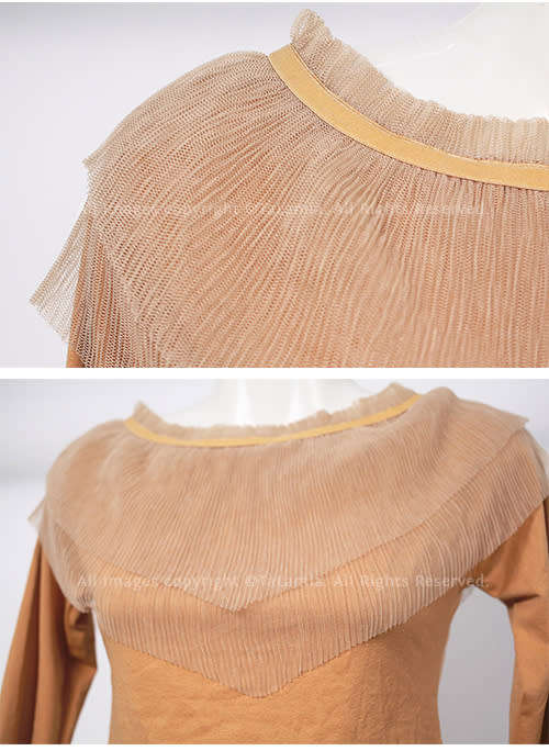 Unique ladies tan brown stretch top with chiffon mesh shoulder accent