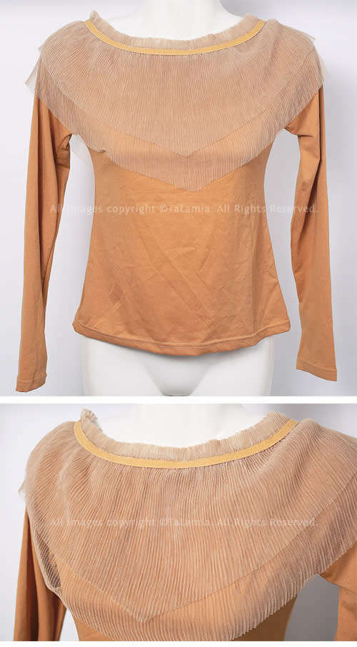 Unique ladies tan brown stretch top with chiffon mesh shoulder accent