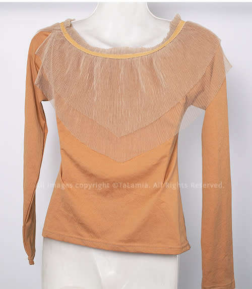 Unique ladies tan brown stretch top with chiffon mesh shoulder accent