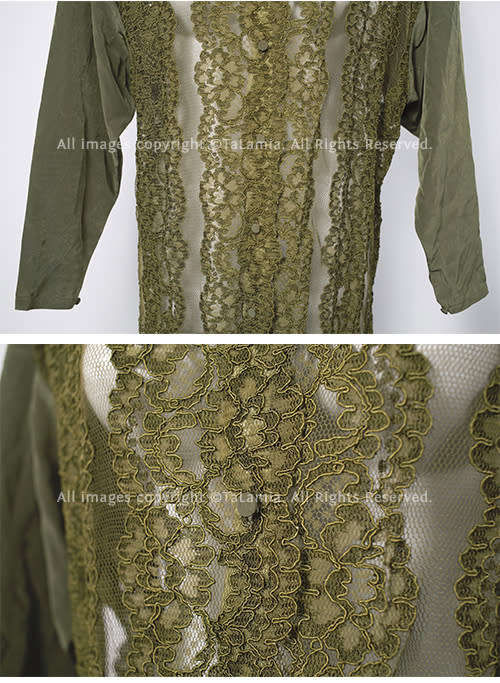 Womens luxury olive green lace and satin long length blouse