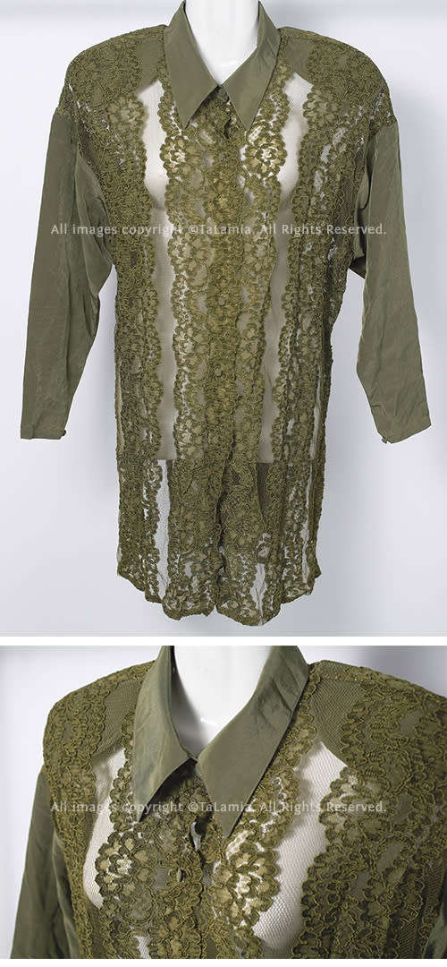 Womens luxury olive green lace and satin long length blouse