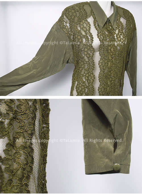 Womens luxury olive green lace and satin long length blouse