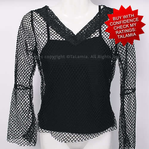 Ladies funky black netting top with pretty lace v-neck