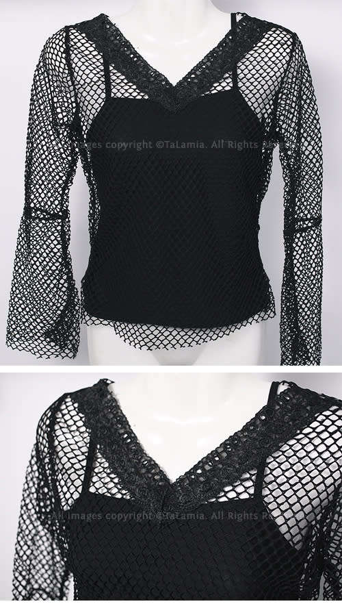 Ladies funky black netting top with pretty lace v-neck