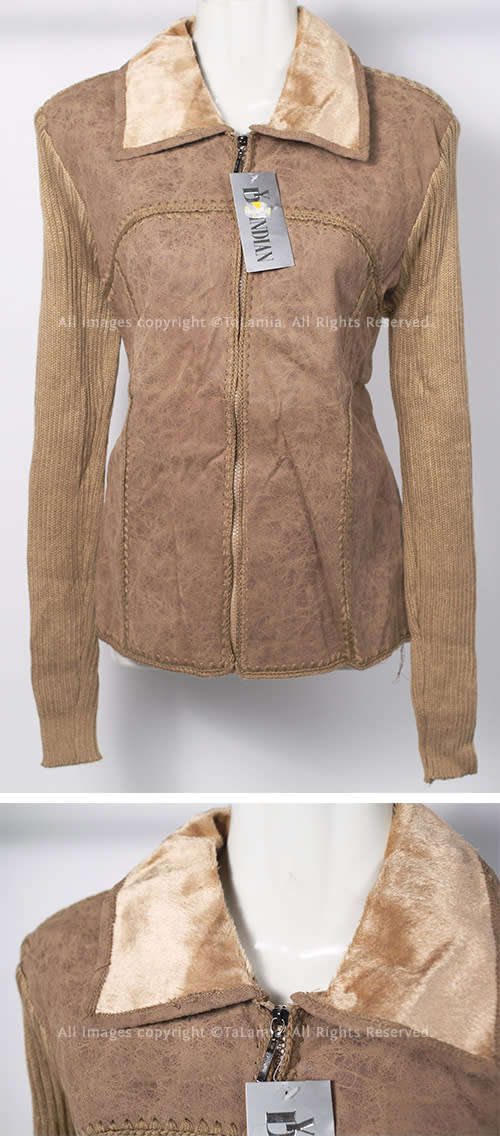 Ladies brown light weight faux leather and fur and knit jacket