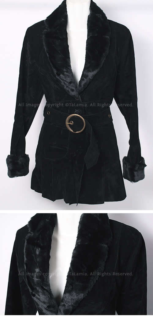 Ladies soft black faux suede light weight jacket with faux fur collar and belt
