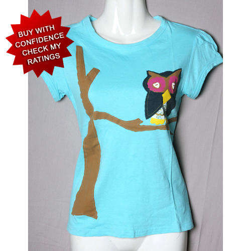 Cute owl on blue cotton t-shirt