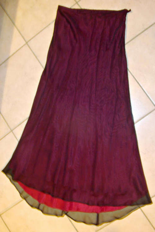Long dark red evening skirt with a layer of black mesh