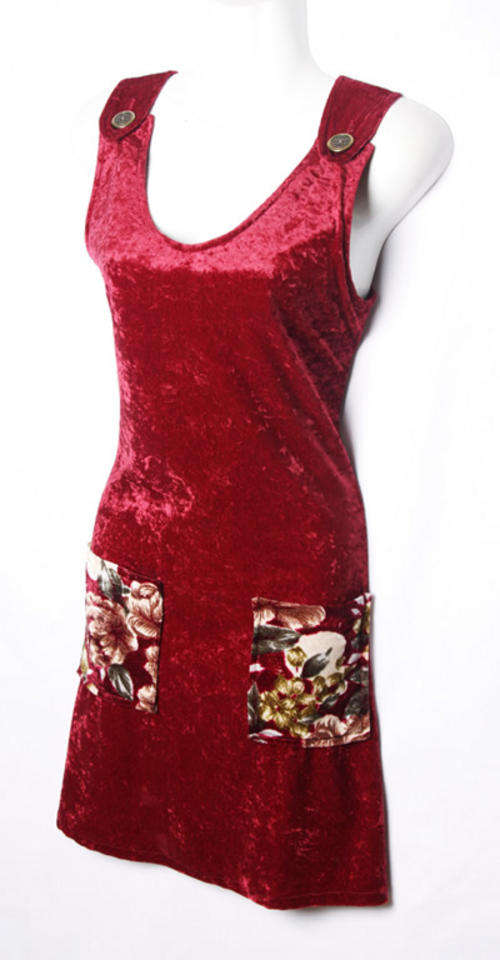 Crimson red soft velvet short dress with antique style buttons