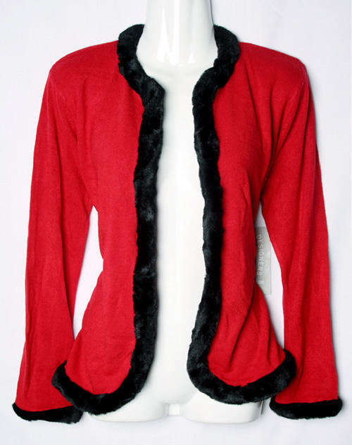 Stunning red womens jersey with black faux fur trim