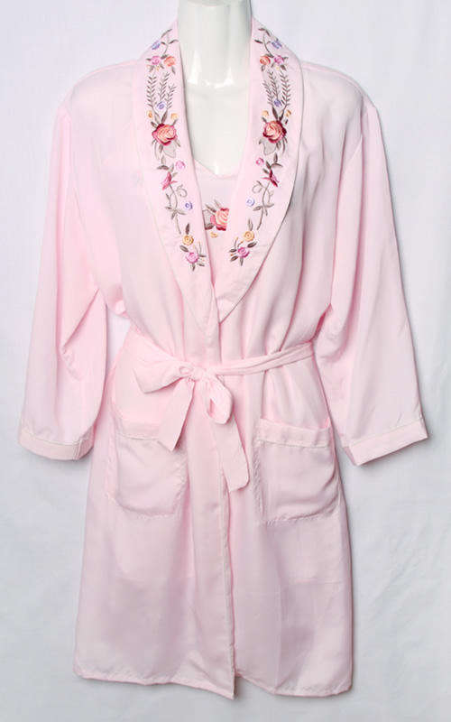 Feminine light pink embroidered satin two piece nightie and robe
