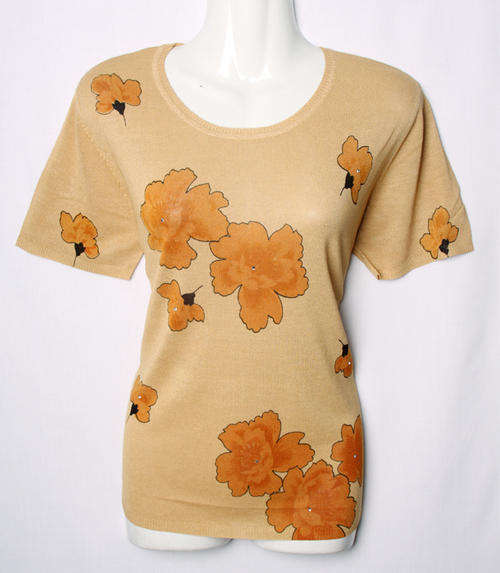 Ladies cream beige lightweight sweater top with golden orange flowers ONE